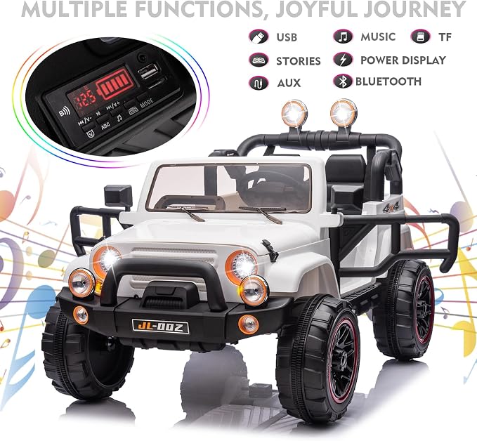 2 Seater Ride On Truck and Car Cover, 12V Children's Electric Car with Parental Remote Control, Music, Bluetooth, MP3 Player, LED Lights, Spring Suspension, White