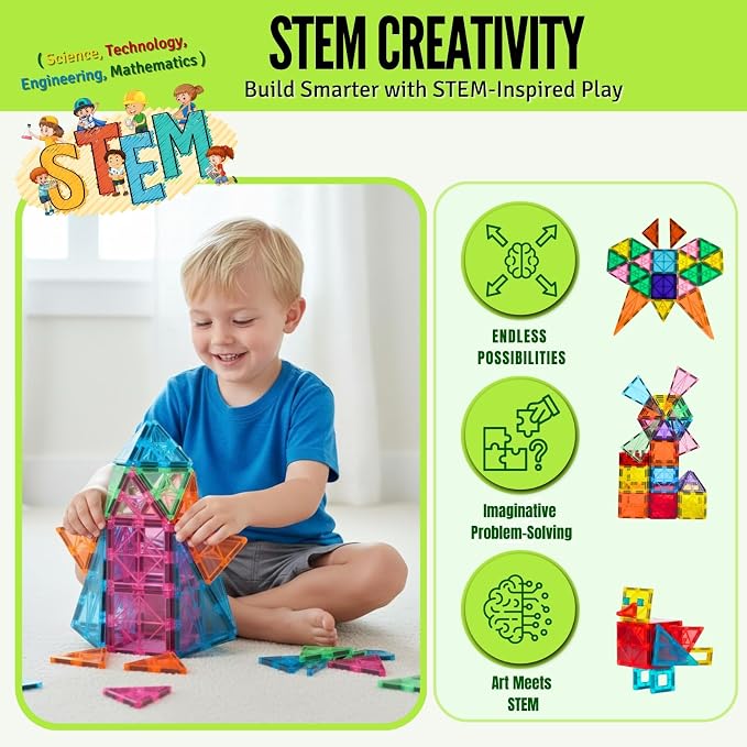 Magnetic Tiles 150 PCS with 2 Cars Bases, STEM Magnet Building Tiles for Kids Ages 3-12, Educational Building Magnets Toys, Creative Construction, Preschool Learning & Play for Childs