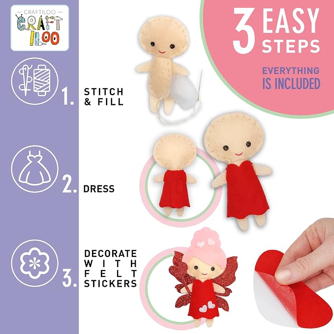 CRAFTILOO Fairy Sewing Kit for Kids Ages 5-12 – Beginner Sewing Kit with 5 Pre-Cut Felt Projects – Make Your Own Stuffed Animal Plush Dolls – Fun Girls Craft Kit, Learn to Sew Gift for Kids