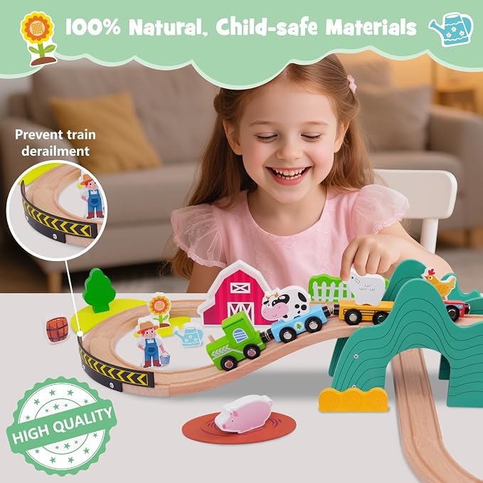 SIMPLIPLAY Wooden Train Set for Toddlers - 49PCS Farm Montessori Train Sets, Wooden Train Track for Toddlers 3-5 with Bridge & Cute Farm Animal Toys, Gifts for 3 4 5 Years Old Girls & Boys | Montessori Magnetic Train Set for Toddlers 3-5 with Bridge & ...