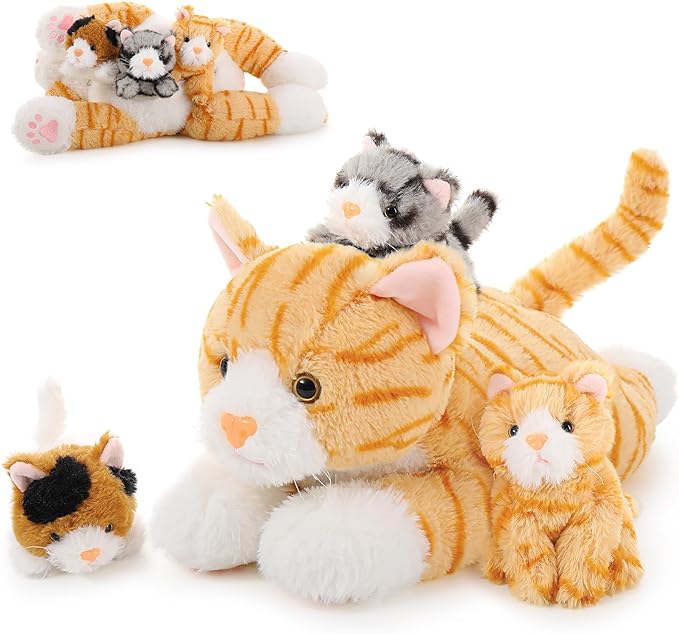 Muiteiur 4 Piece Cat Stuffed Animals, 15.7 inch Mom Plush Cat with 3 Kittens Stuffed in Zipper Pouch, Cute Yellow Mom and Baby Stuffed Cats for Kids Girls Boys