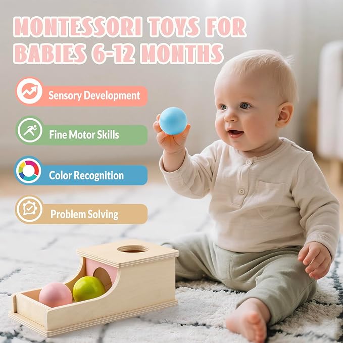 Busy edition Montessori Toys for 1 Year Old, Wooden Object Permanence Box with Tray Three Balls, Preschool Infant Toys 6-12 Months Developmental, 9 Month Old Baby Toys, Cause and Effect Ball Drop Toy