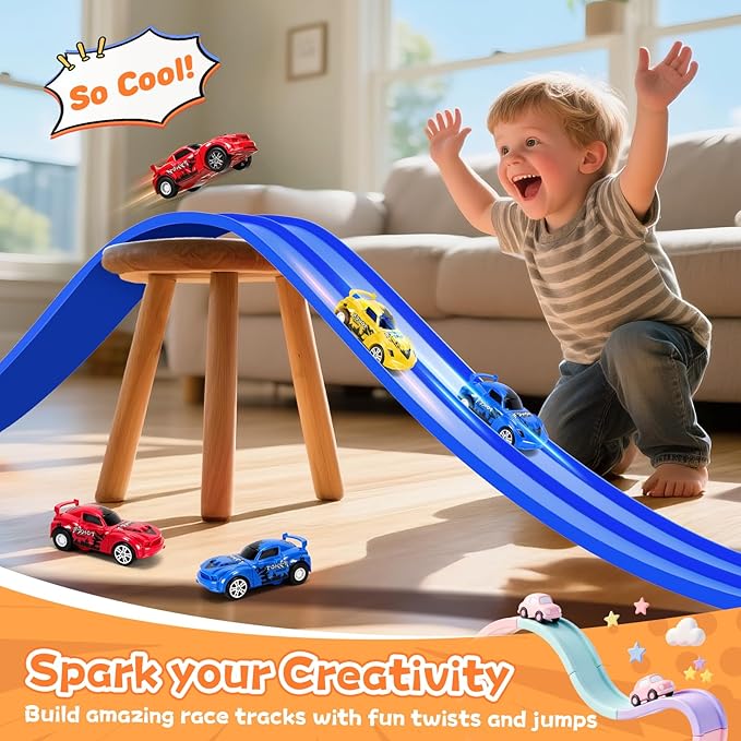 KETIEE Flex Tracks 16 Ft for Kids, Flexible Race Car Ramp Track with 2 Small Racecars and 4 Suction Cups Compatible with Diecast 1/64th Cars,Rolls Up Portable Racetrack for Ages 3 & Up