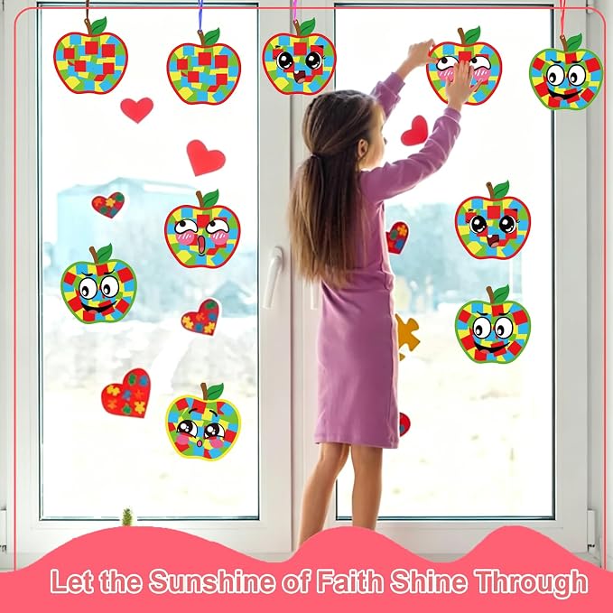 Fennoral 24 Pack Apple Crafts for Kids Make Your Own Back to School Apple Suncatchers with Emotion Stickers DIY Art and Craft Classroom Ornaments for First Day of School Activities Fall Party Decor