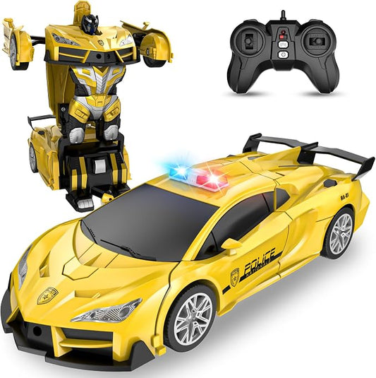 Remote Control Car with One Button Transformation, RC Cars Transforming into Robot Car, 2.4Ghz 360 Degree Rotation Police Car with Light, 1:18 Scale Transform Toys for Boys Girls Kids 4-7 8-12 6-8