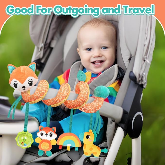 GKDOMS Baby Car Seat Toys Activity Stroller Toy for Boys Girls 0 3 6 9 10 12 Months, Spiral Hanging Plush Toys, Baby Shower Thank You Gifts
