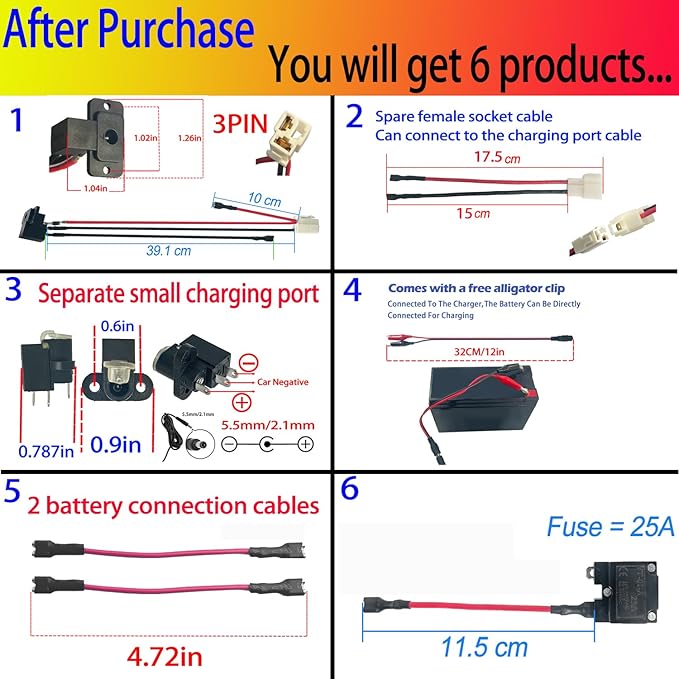JRRXM 6V 12V 24V Round Charger Charging Port for Kids Power Wheels Ride on Electric Toys Car Replacement Parts,6PCS 25A Fuse Battery Connector Wires Cable Kit Set
