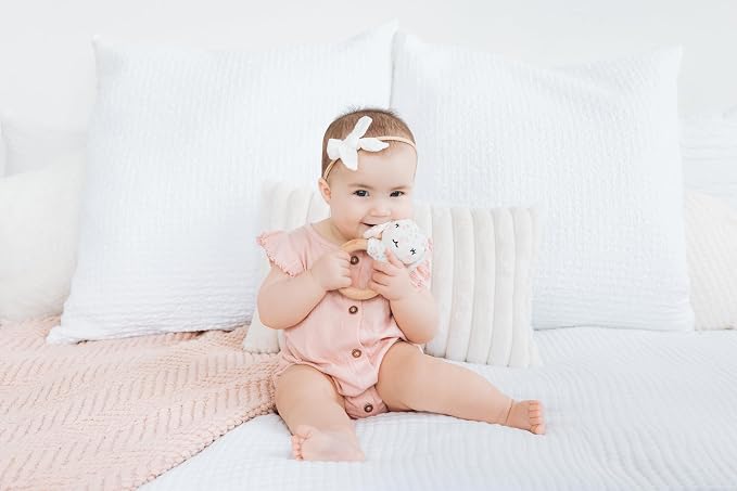 Pearhead Bunny Wooden Baby Teether – Soft Plush Lovey with Floppy Ears & Natural Wood Rattle Ring, BPA-Free, Soothes Infant Gums, Multi-Sensory Newborn Essential for Girls, Pink Floral, 0+ Months