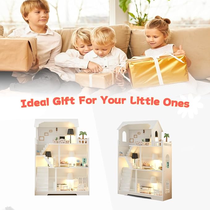 Wooden Dollhouse Bookshelf, 3-Tier Kids Dollhouse Bookcase for Books & Toys Storage Organizer Shelves, Large Doll House for Kids Rooms, Playroom, Nursery, Classroom Gift for Aged 3+