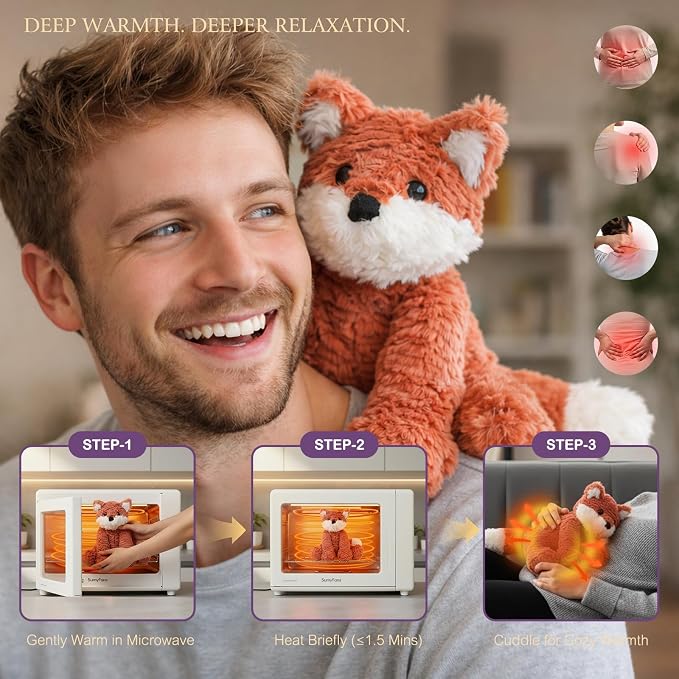 KOWSI® Microwavable Heating Pad Vulpes Red Fox Plush - Weighted Stuffed Animal Toy Tourmaline Beads & Lavender - 1.1 lb for Long Lasting Cozy Warmth & Relaxation - Includes Gift Box & Greeting Card