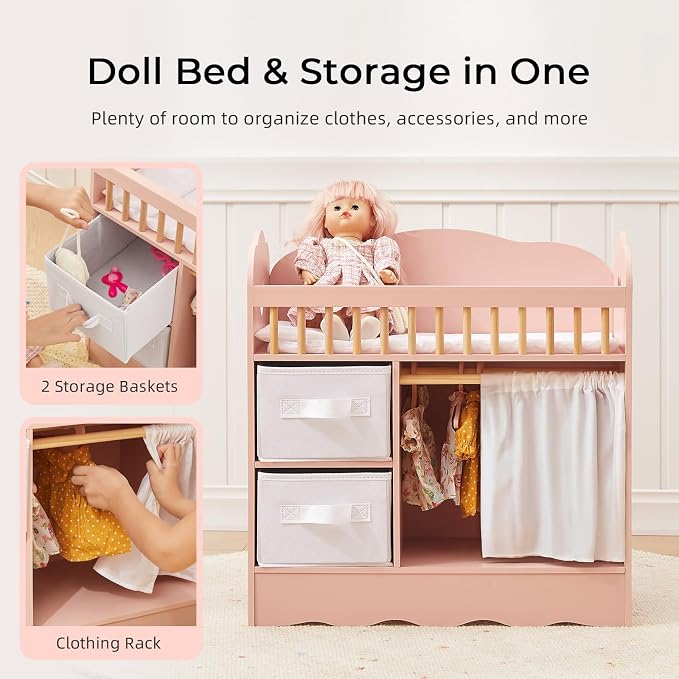 OOOK Baby Doll Crib, Wooden Baby Doll Bed and Changing Table, Dollhouse Furniture with Two Storage Box, Bedding and Coat Hangers, Nursery Playset Suitable for Dolls Under 22 Inches, Pink