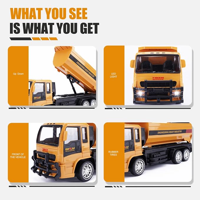 Jiakora Remote Control Dump Truck for Kids, 2.4GHz RC Construction Vehicle with LED Lights, 45° Dumping Function, 2 Rechargeable Batteries, Toy Truck for Boys Girls 3 4 5 6 7 8 Years Old