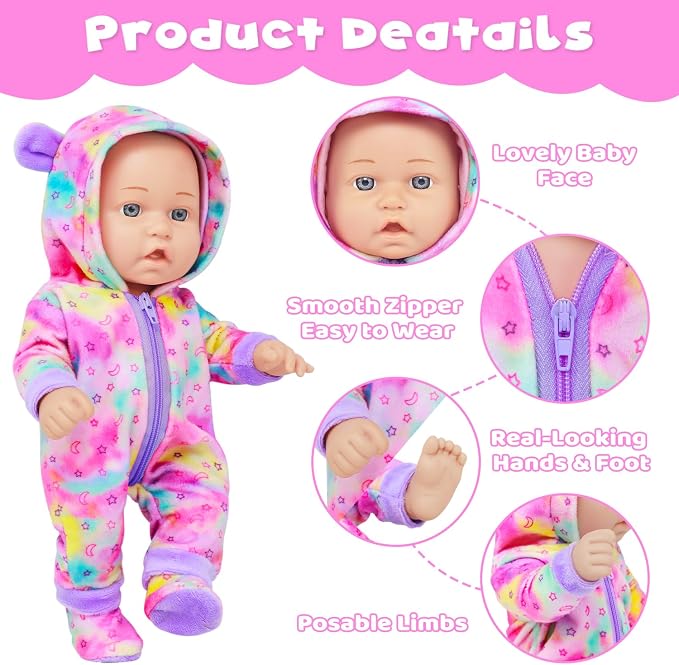 Ecore Fun 12 Inch Baby Doll with Outfit, Sleeping Bag,Pacifier, Bottle, Diaper & Care Set, Realistic Pretend Play Doll Accessories for Kids 3+