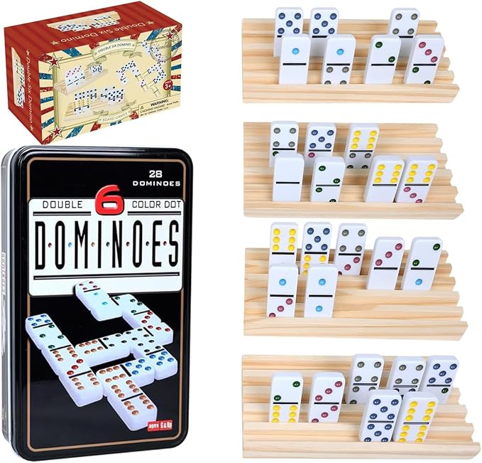 GOTHINK Dominos Set for Adults with 4 Wooden Trays/Racks, Double 6 Dominoes Set with Holders, 28 Tile Colored Dot Dominos Games Set with Case Mexican Train Accessories Board Games for Family