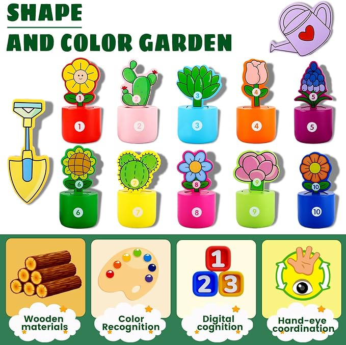 Scuwtocn Wooden Flower Garden Playset with Stand - Color & Shape Sorter | Fine Motor Skills & Number Cognition, Montessori Learning Toy for Toddlers, for 2 3 Year Old Boys and Girls