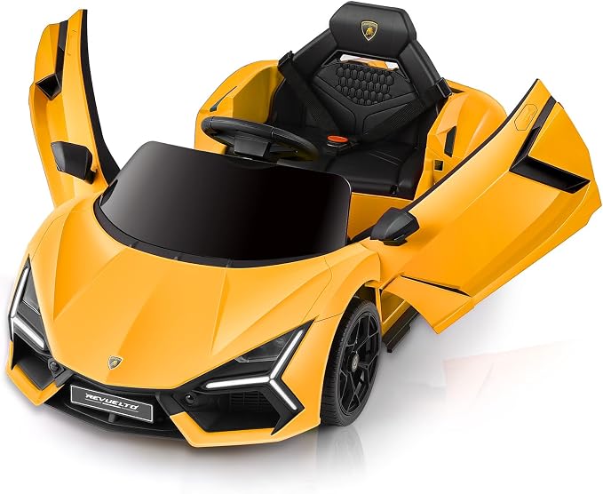 ELEMARA Lamborghini Kids Car with Scissor Door, Ride On Toys with Remote Control, 12v Kids Electric Car with Bluetooth, LED Light, MP3 Player and Wide Seat, Lemon Yellow