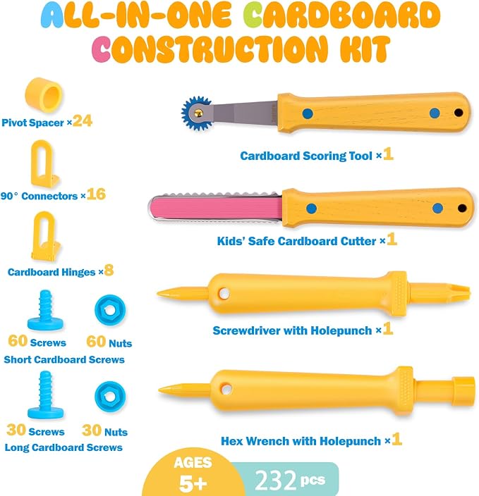 Zentara Kids Cardboard Tool Set, 232-Piece STEM Building Kit with Safe Wooden Cutter, Reusable Bolts & Nuts, Hinges, and Eco Gift Box