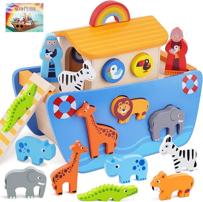 KMTJT Toddlers Wooden Noah's Ark Toy Animal Playset, Baptism Gifts for 1 2 3 Boys Girls, Shape Sorter Early Learning Montessori Toys with Bible Story Book for 12 18 24 Months Babies