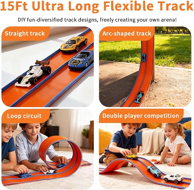 Flexible Race Car Track 15 Ft Starter Set for Kids Age 3+, Rolls Up Portable Flex Track Compatible with Diecast 1/64th Cars, Long Kids Car Ramp Toy with Suction Cups