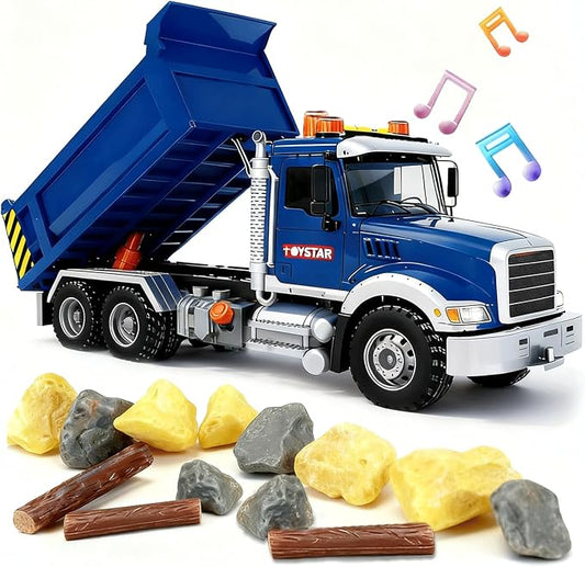 SMILESSKIDDO Dump Truck Toy - 1:12 Large Friction Powered Truck with Air Pump Function, Lights & Sounds, Boy Toys Age 3, Birthday Gift for 3 4 5 6 7 8 Years Old Boys Girls, Toys for Kids 3-5