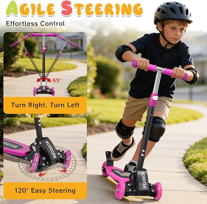 Kick Scooter for Kids Ages 6-12, Stable 3 Wheel Kids Scooter with LED Light-Up Wheels, 3 Adjustable Heights, Lean-to-Steer, Foldable, 6" Extra Wide Deck for Boys and Girls Gifts