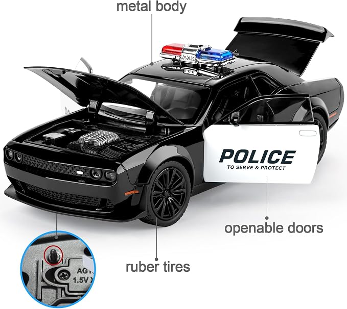 Police Car Toys for Boys Age 3-12 Metal Toy Cars with Light and Sound Pull Back Diecast Model Car Collectable Muscle Cars for Kids 3+ Year Olds
