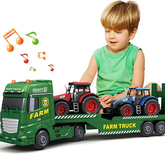 Bstoyder Toddler Boy Toys for 3 4 5 6 7 Years Kids, 25" Semi Flatbed Truck Toy with 2 Tractors, Friction Powered Vehicles Toys with Lights and Sounds, Birthday for Boy Girls