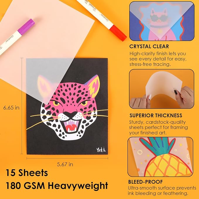Grabie Trace and Color Drawing Kit, Beginner Friendly All-in-One Tracing Art Set with Acrylic Dual Tip Markers, 15 Pre-Printed Designs, Vellum Paper, Creative Hobby Kit, Artist Collaboration Yeti