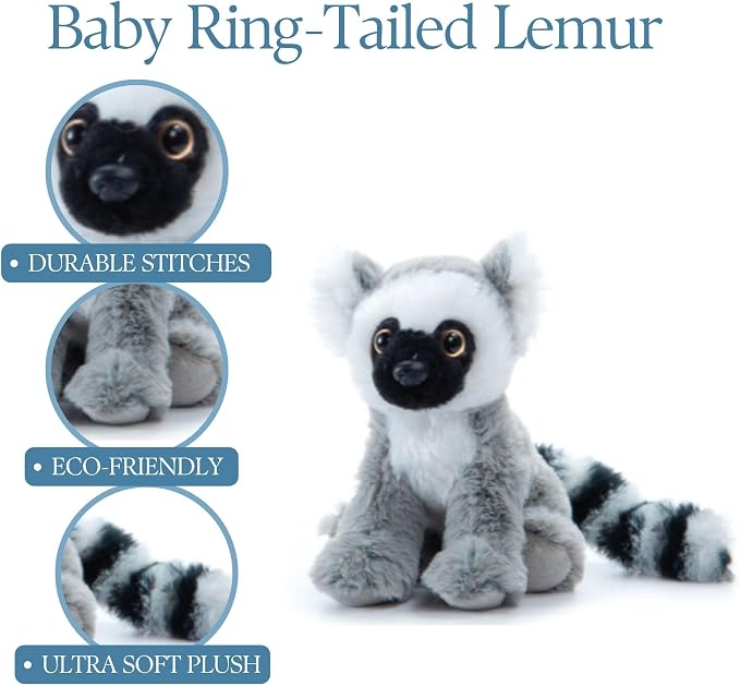 The Petting Zoo Ring-Tailed Lemur Stuffed Animal Plushie, Gifts for Kids, Wild Onez Babiez Zoo Animals, Lemur Plush Toy 6 inches