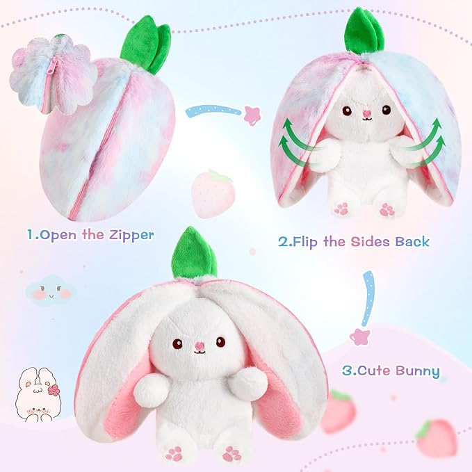 MIAODAM Rainbow Strawberry Bunny Stuffed Animal, Strawberry Bunny Plush Turn Into Rabbit Fruit Doll, Plushie Cute Bunny Toy for Kids (10 inch)