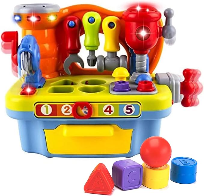 Yiosion Musical Learning Tool Workbench Toys for 1 Year Old Boy, One Year Old Boy Gifts, Toddler Tool Bench with Shape Sorter