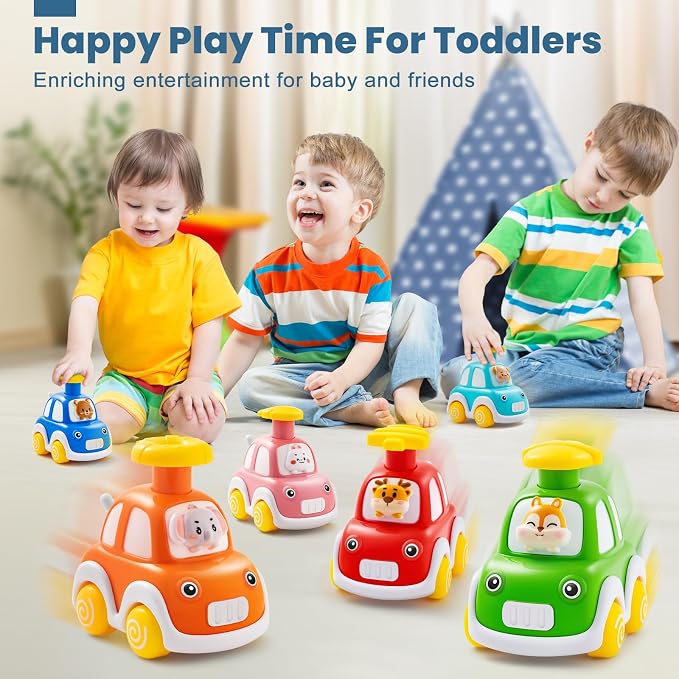 TooyBing Press and Go Car Toys for Toddlers 1-3, 6 Pack Animal Baby Car Toys for 1 2 Year Old Boy, Push Go Friction Vehicle Toys for Infants 12-18 Months, One First Birthday Gifts for Boys Girls