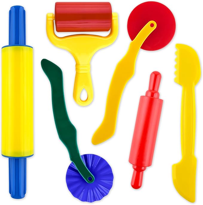 Clay and Dough Tools 6 Pieces Basic Dough Tool Set for Kids, Variety of Rolling Pins, Rollers, Cutters