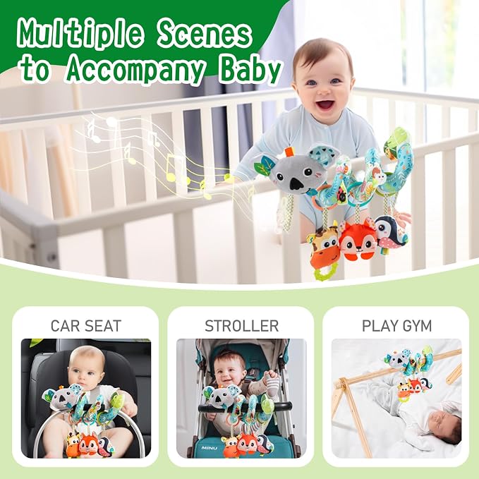Jollybaby Crib Stroller Car Seat Toys for Baby 0-3-6-9-12 Months, Tummy Time Hanging Sensory Toys for Newborn with Music Box and Teether, Spiral Carseat Toy for Infant Boys Girls Gifts (Grey)