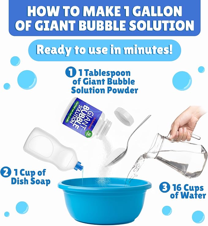 Giant Bubble Solution | Giant Bubble Wand | 100% Kids Safe Refill Solution Powder for All Bubble Toys, Wands and Outdoor Family Fun, Makes 1792 OZ - 14 Gallons