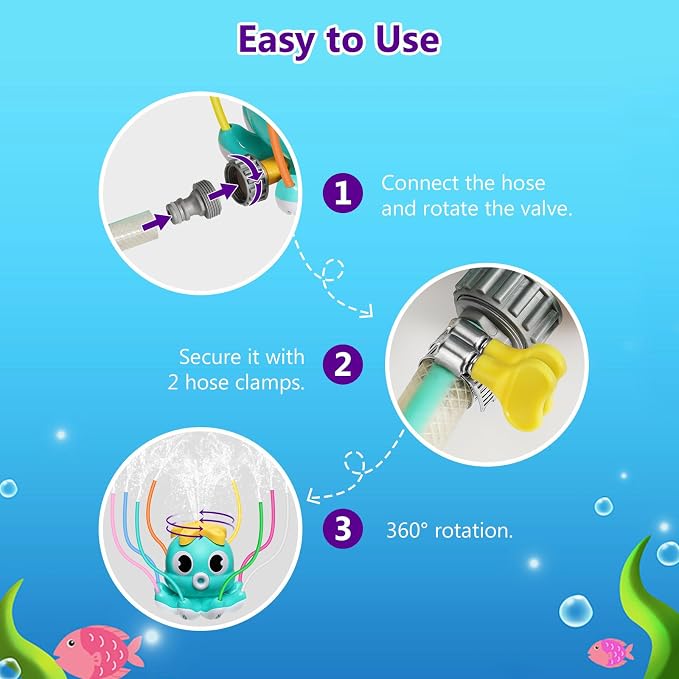 MoKo Water Spray Sprinkler for Kids-Cute Sprinkler with 8 Wiggle Tubes and 2 Hose Clamps Outdoor Sprinklers Summer Octopuses Toys for Garden Backyard Lawn Splashing Fun Toys for Boys Girls, Light Blue