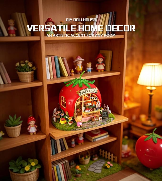 Roroom DIY Miniature House Kit, Bear Berry Shop Book Nook Kit with LED Light,3D Wooden Puzzle Miniature Dollhouse Kit for Bookshelf Decor-Creative Crafts for Family and Friends