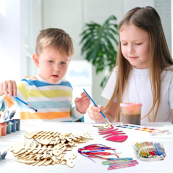 Fennoral 12 Pack Wind Chime Kit Spring Craft for Kids Wooden Arts and Crafts for Girls Boys Make Your Own Fish Craft Ornaments DIY Coloring for Summer Classroom Art Activities Birthday Party Gifts