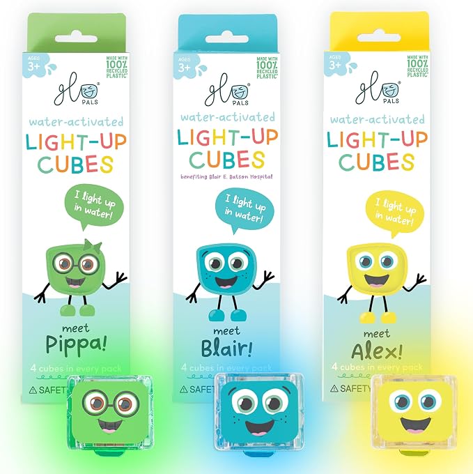 Glo Pals Water-Activated Light-Up Sensory Bath Toy Cubes for Bathtime and Sensory Play, Vibrant Light-Up Colored Cubes for Kids and Toddlers, Glows Green, Blue and Yellow, Pack of 12