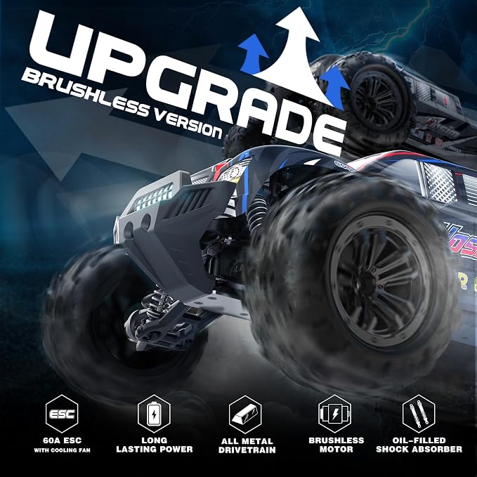 Hosim 1:10 Brushless RC Cars for Adults & Boys, 60+ KMH Big Remote Control Car, 4WD Off Road Monster Truck, 40+ Min Play Waterproof All-Terrain RC Truck, Hobby Grade Electric Toy Vehicle Gift