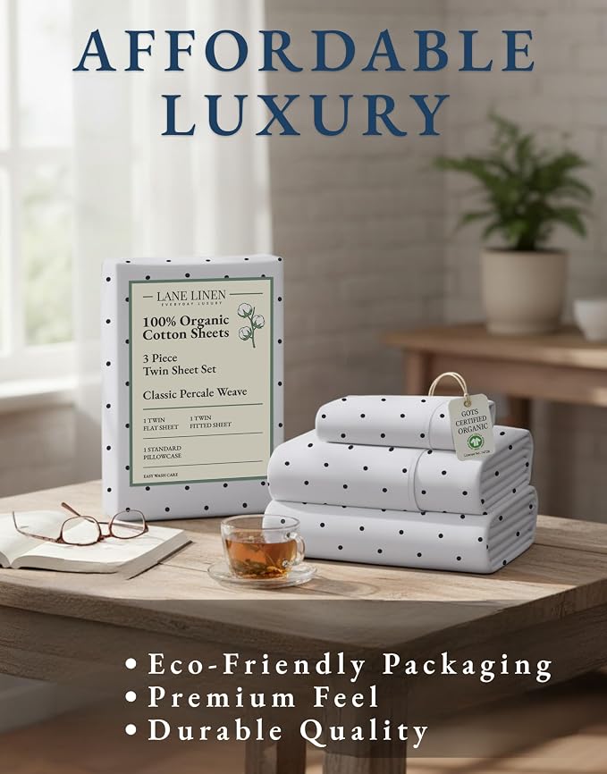 LANE LINEN Twin Sheets 100% Organic Cotton 3pc Percale Cooling - Polka Dot | Organic Cotton Percale Twin Sheet Set - Naturally Cooling & Lightweight, Cool All Summer, Cozy All Winter, Great For Gifting