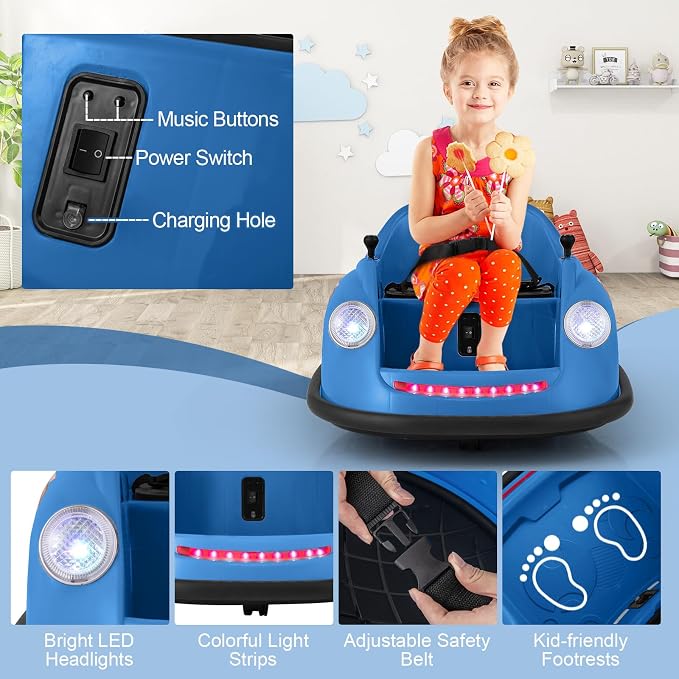 Costzon Bumper Car for Toddler, 12V Electric Kids Ride on Bumper Car with Remote Control, 360 Degree Spin, LED Lights, Music, Battery Powered Baby Bumping Toy Gift for Toddlers 2-5 Years Old (Navy)