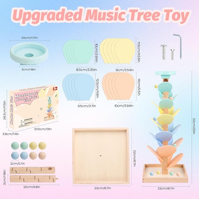 Wooden Marble Run Ball Drop Montessori Toys for Toddlers 4-8 Boys Girls Kids Wood Music Tree Marble Ball Run Game 3-5 8-12 Years Old Learning Color Sorting Sensory Toys Birthday Gift (Height: 20.5")
