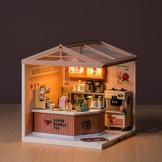 Rolife Super Creator DIY Miniature House Kit, Blind Box Display Home, No Glue Plastic Click-Assembly Stackable Room Box Toy with Type-C LED Light (DW006 Double Joy Bubble Tea)
