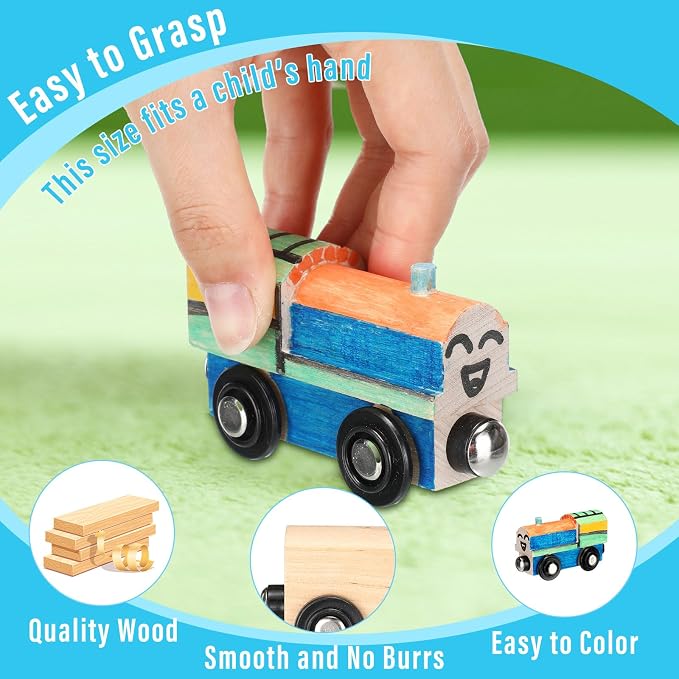 Lenwen 26 Pcs Unpainted Magnetic Wooden Trains Cars Unfinished Party Favors Wood Train Set for Birthday Party Supplies Paint Project Craft DIY Decorations(Classic Style)