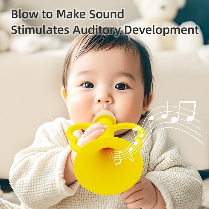 Baby Trumpet Toy 6-12 Months, Silicone Baby horn blowing toy with 2PCS yellow green for Teething Sensory play, Easy Grip Toddler whistle toys 0-6 Months Newborn Gift (Trumpet)
