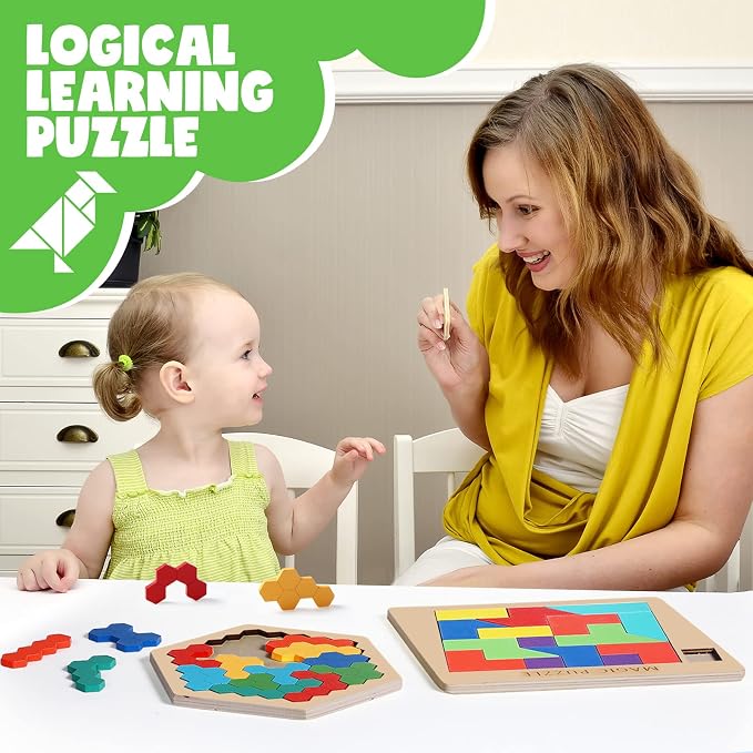 Yunsailing 3 Pack Large Wooden Blocks Puzzles Hexagon Tangram Puzzle Wooden Russian Brain Puzzles for Adult Challenge Teasers Geometric Jigsaw Logic Iq STEM Educational Gift Graduation(Fancy)