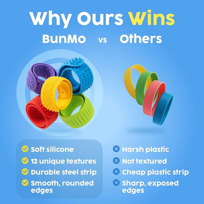 BUNMO Textured Sensory Slap Bracelets for Kids, 6 Pack – Silicone Fidget Bracelets for Boys and Girls, Wearable Sensory Bracelet Toy for Everyday Play, Ages 3+