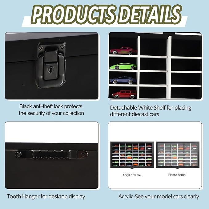 Diecast Model Car Display Case 1/64 Scale Toy Cars Organizer Storage Cabinet Wall Mount with Acrylic Glass Door & Removable Shelf - Holds Up to 42 Cars, Large-Black