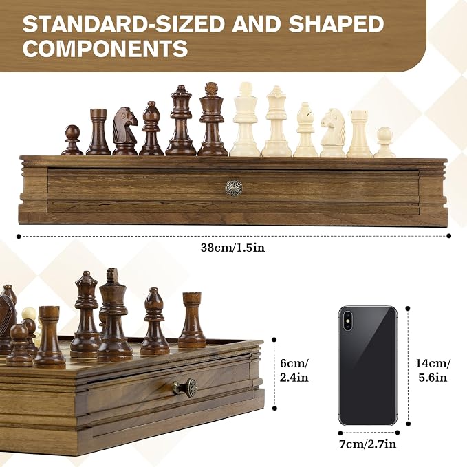 Peradix Magnetic Chess and Checkers Set with 2 Built-in Storage Drawers,15" Classic 2 in 1 Wooden Board Games, Magnetic Chess Pieces, 2 Extra Queens, Luxury Chess Set for Adults and Kids Gift Package